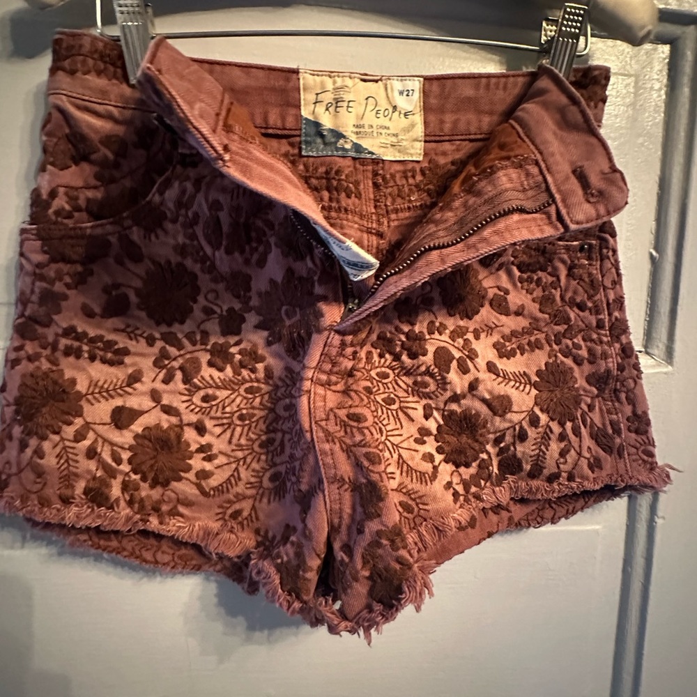 Free People Rose-Pink Floral Embroidered Denim Shorts